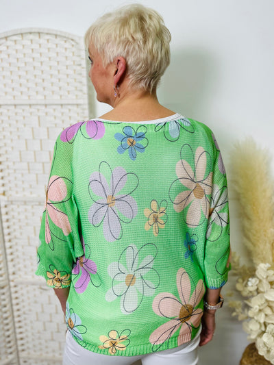 "LEXI" Floral Print Fine Knit Top-Green