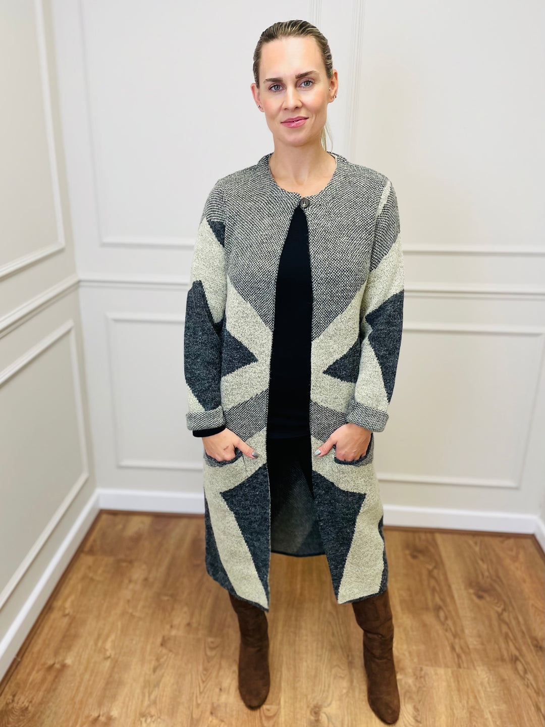 "NANCY" Longline Coatigan-Grey & Stone