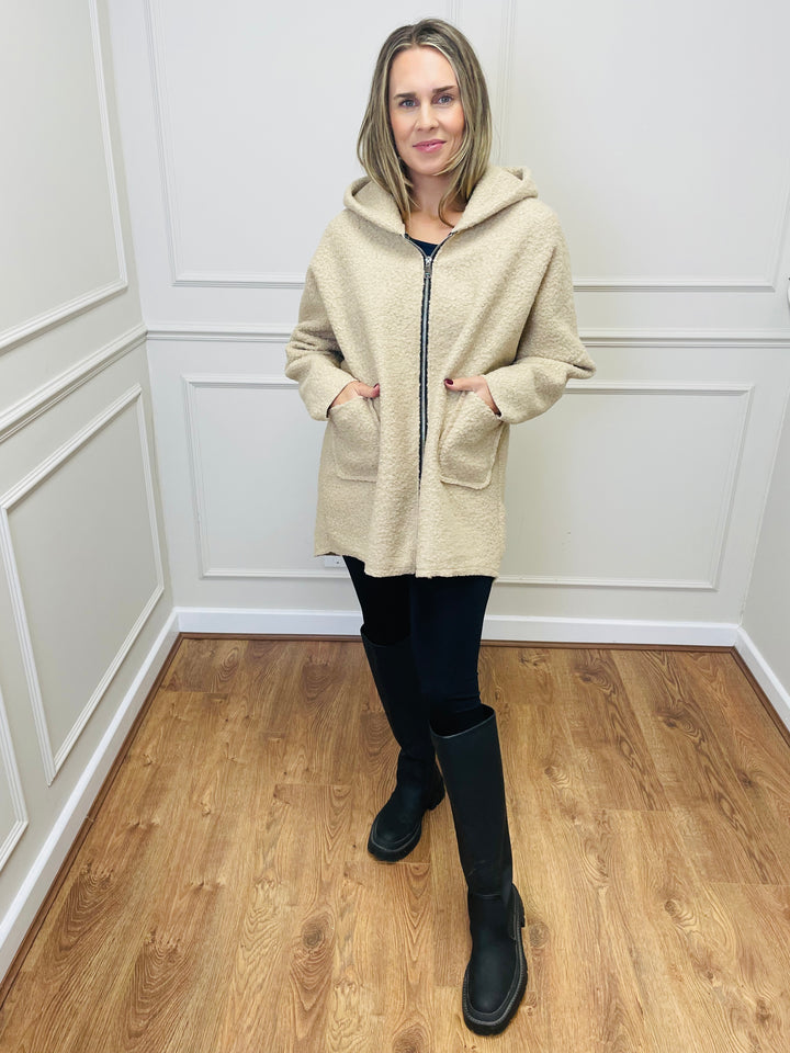 "ARLENE" Hooded Zip Coat-Cream