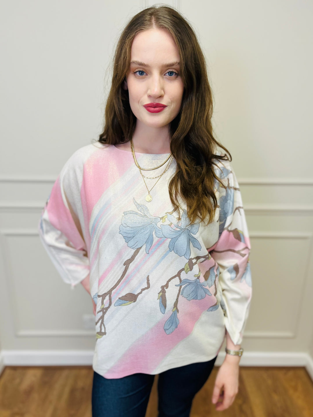 "SPRING" Floral Print Fine Knit-Cream & Pink