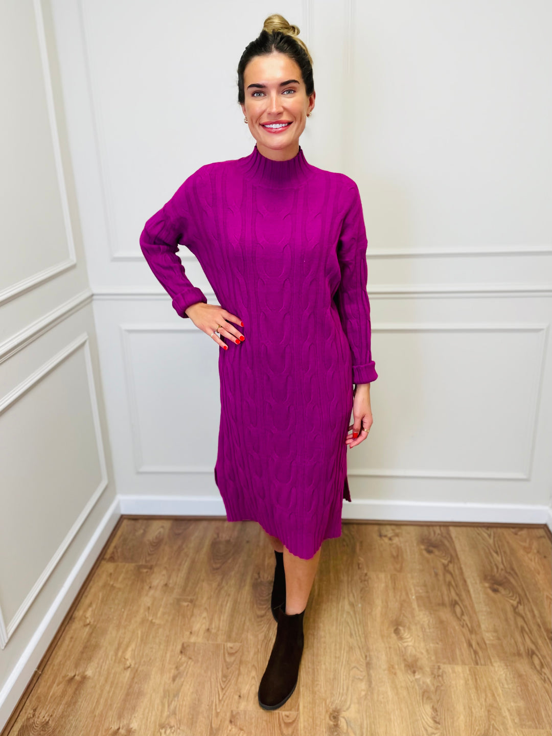 "ELY" Cable Knit Midi Dress-Magenta