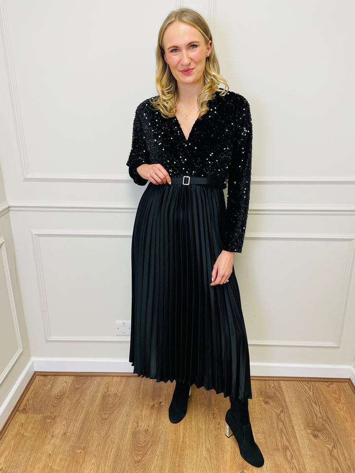 "ROSALIE" Pleated Dress-Black