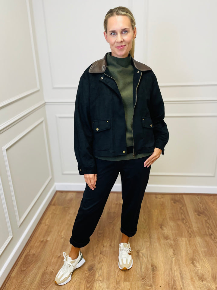 "NINA" Suede Bomber Jacket-Black