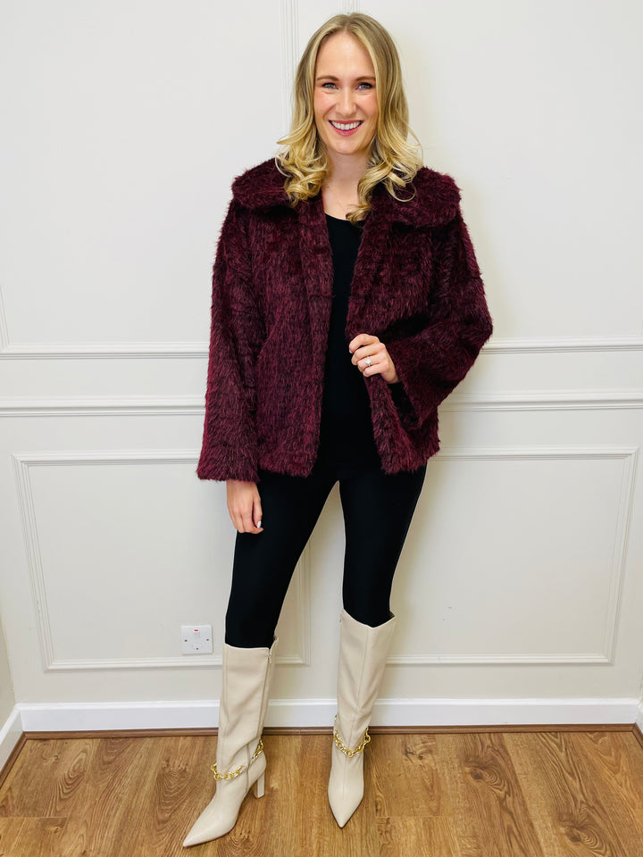 "KATE" Faux Fur Coat-Burgundy