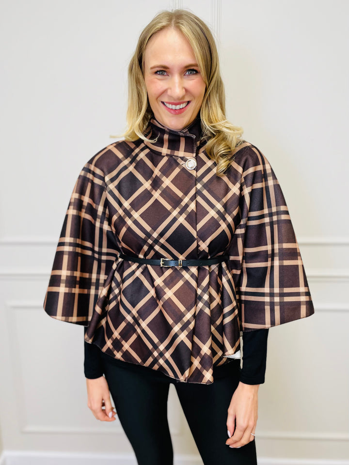 "LORELAI" Check Print Cape Coat-Brown & Tan