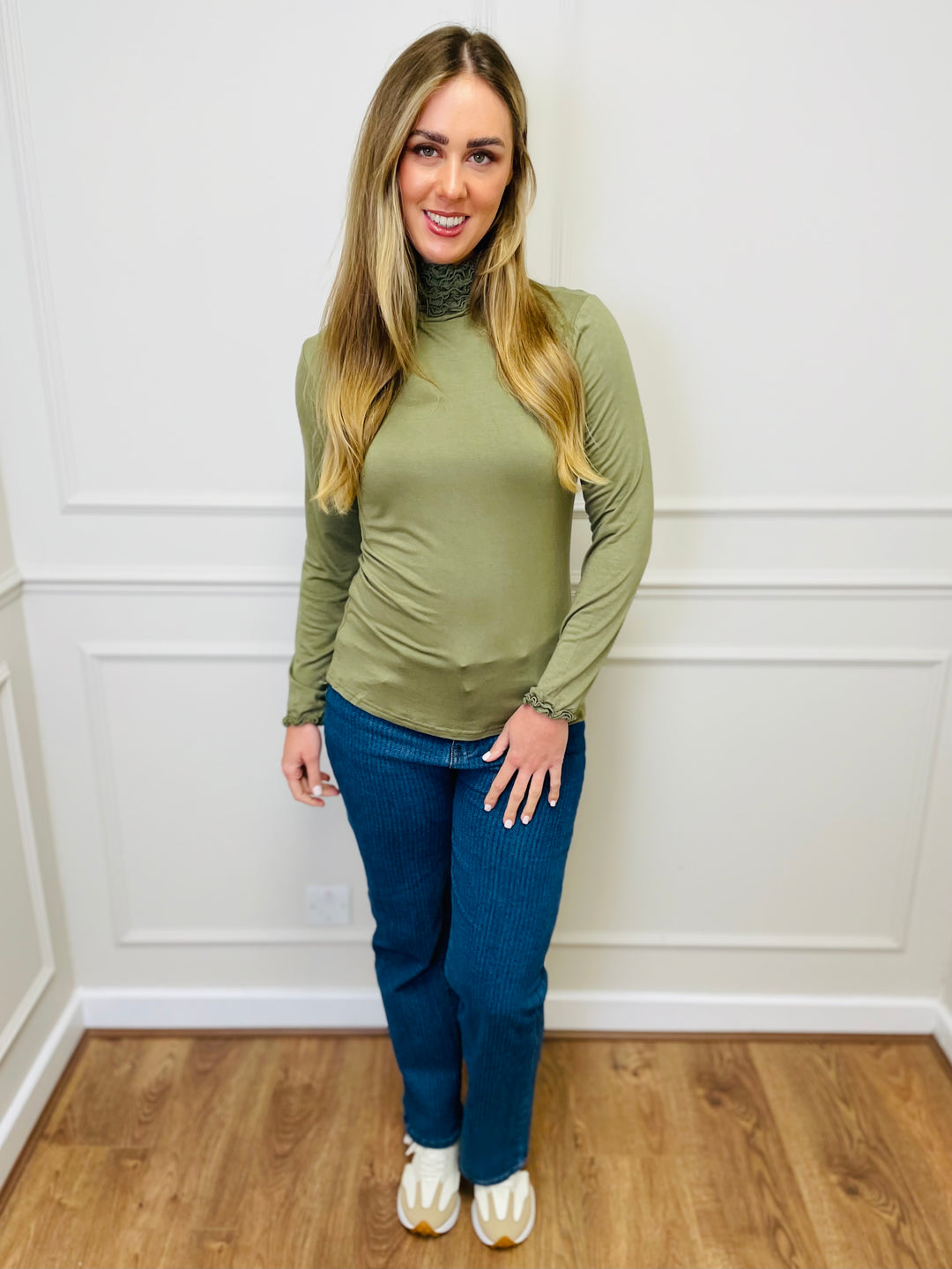 "LIVIA" Ruffle Polo Neck Top-Green