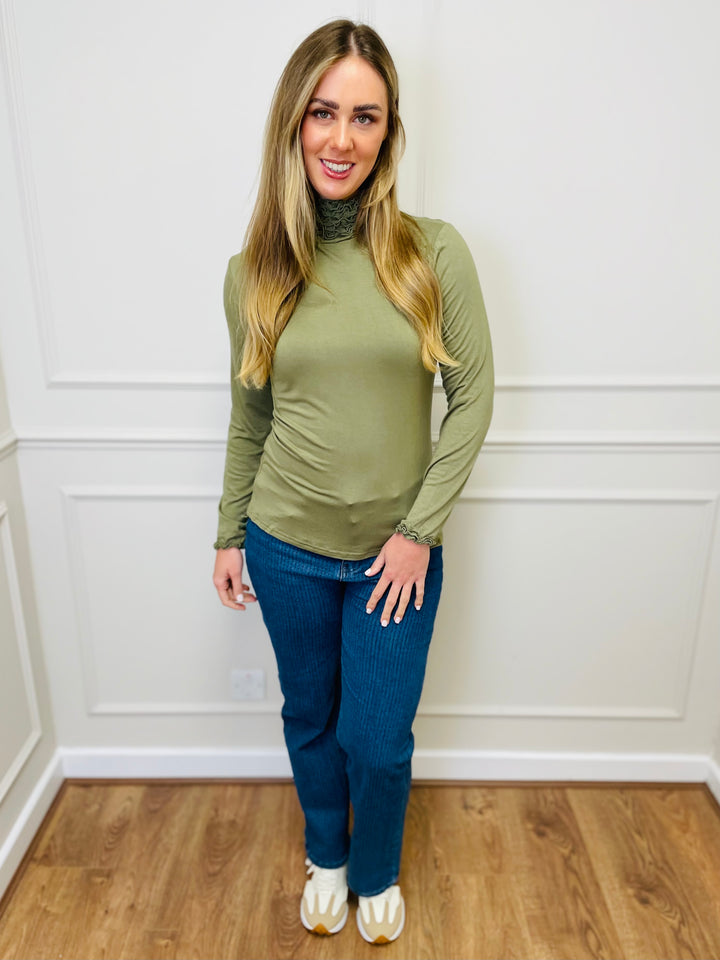 "LIVIA" Ruffle Polo Neck Top-Green