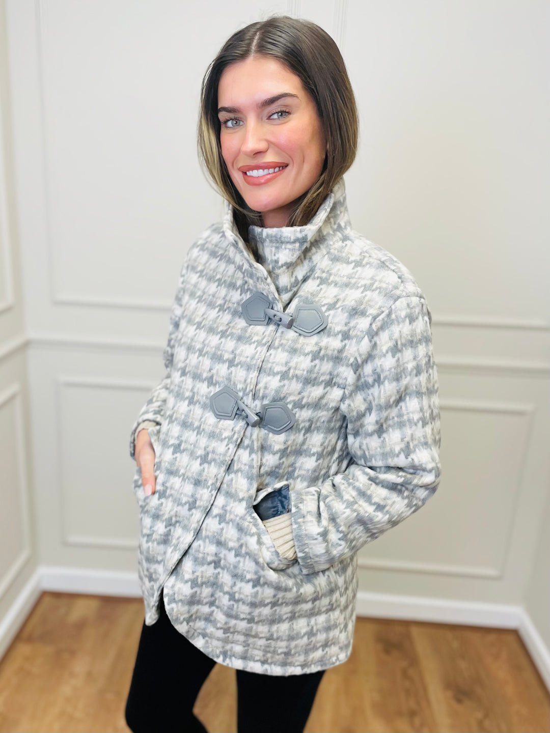 "SAMIRA" Houndstooth Coat-Grey & Cream