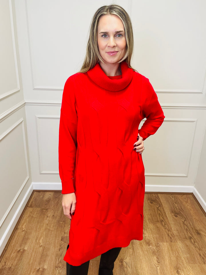 "BELINDA" Cable Knit Roll Neck Dress-Red