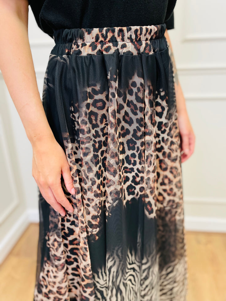 "IZZY" Animal Print Tulle Skirt-Black & Tan