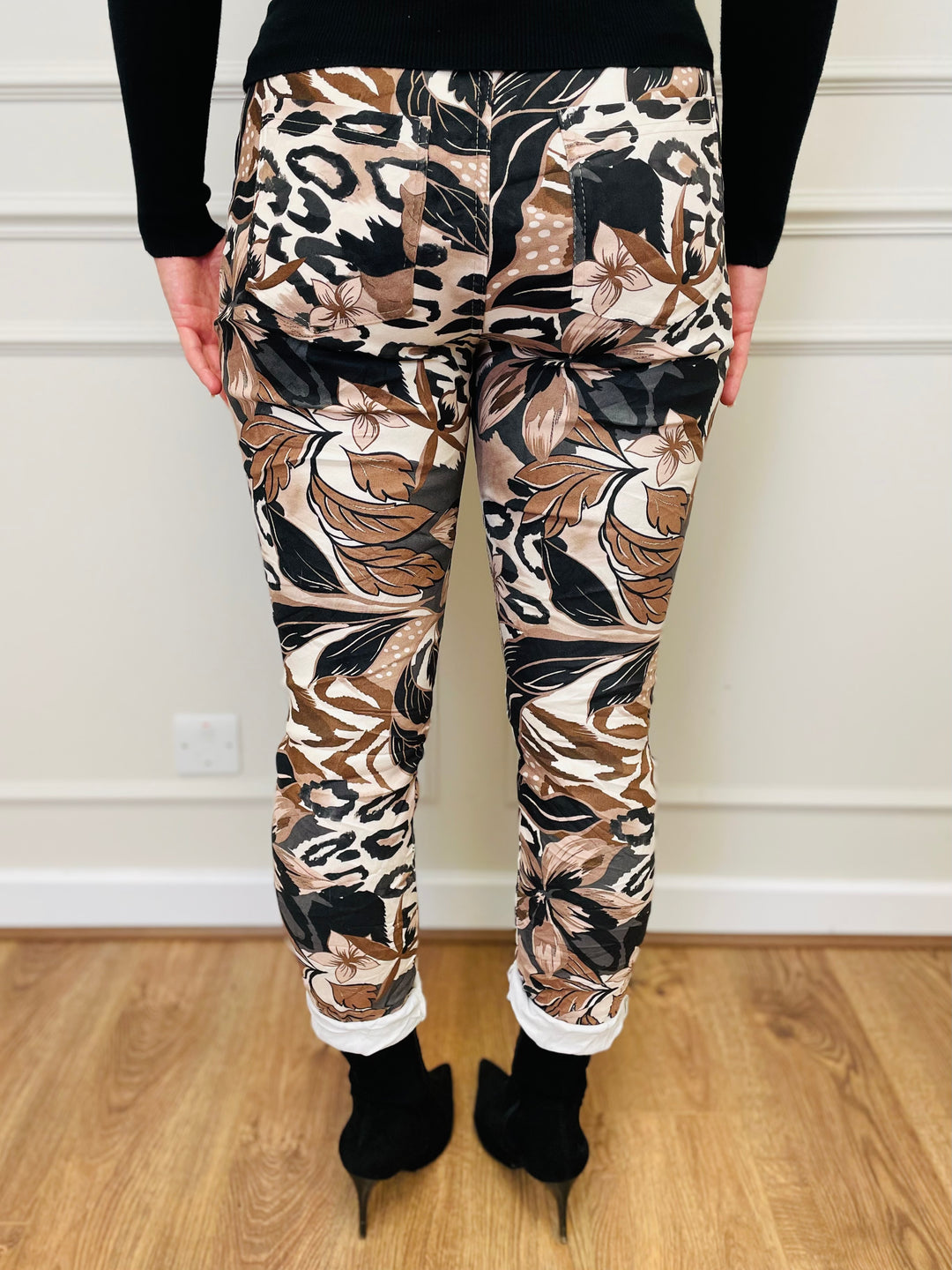 "CARMELA" Animal & Floral Print Trouser-Brown & Cream