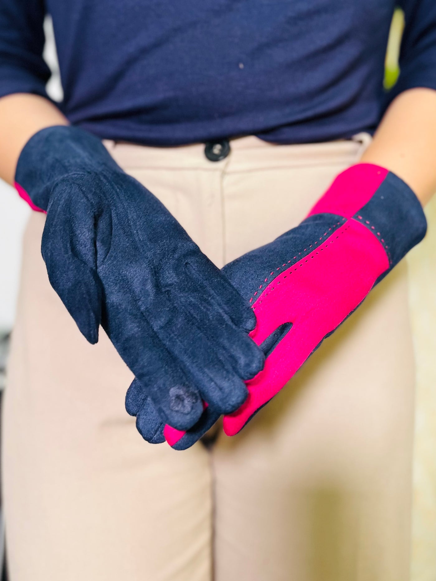 Block Print Gloves-Navy & Pink