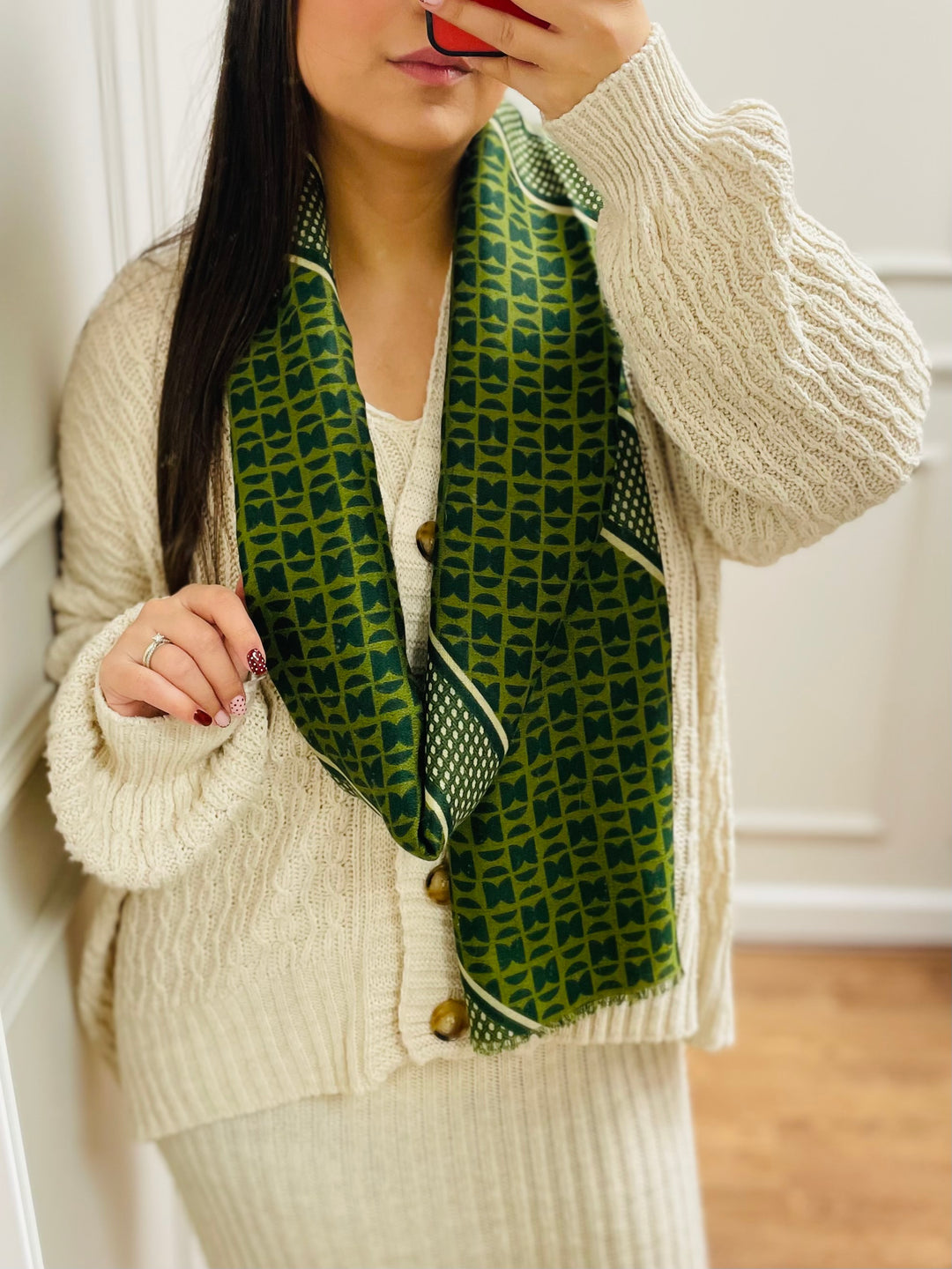 No.115 Artistic Print Scarf-Green & Cream