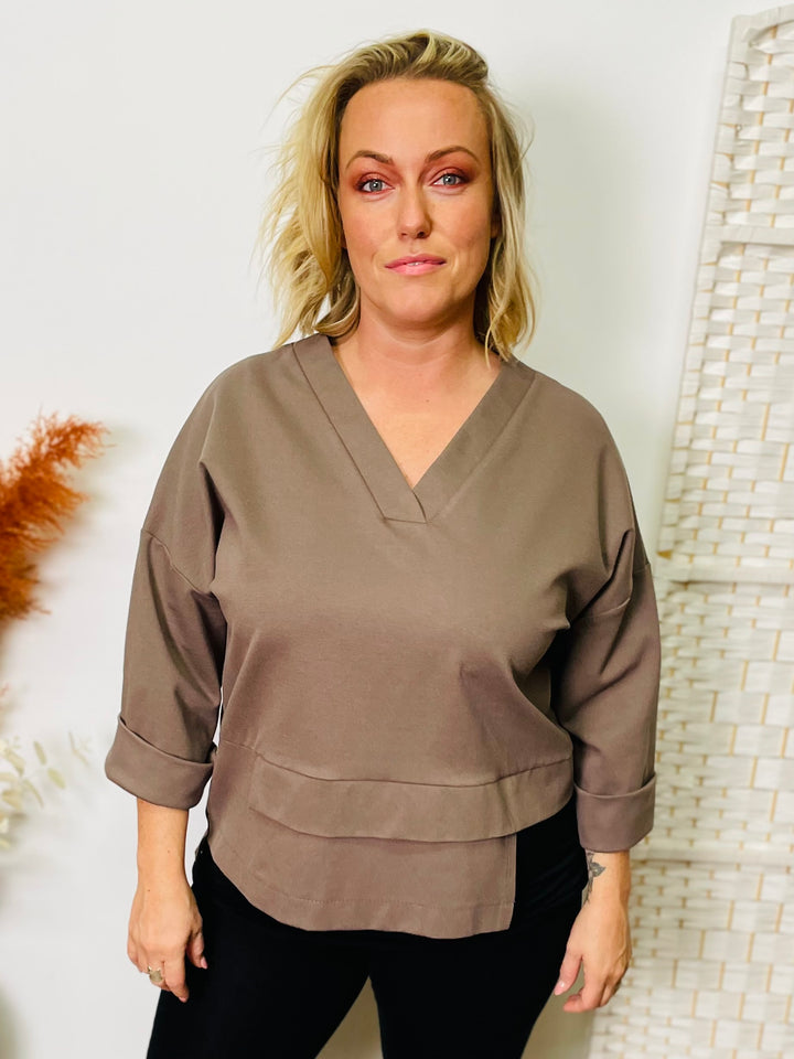 "ANDREA" Asymmetric Sweat Top-Mocha