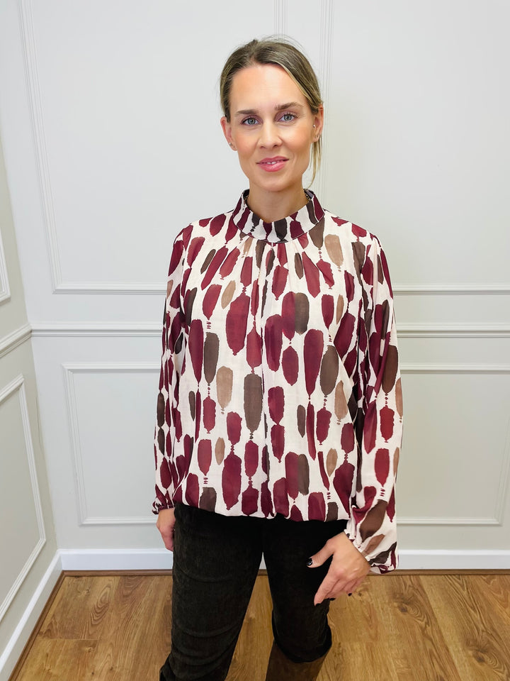 "TERESA" Abstract Print Blouse-Cream & Berry