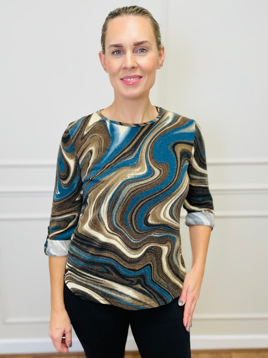 "ANNA" Printed Jersey Top-Teal & Tan