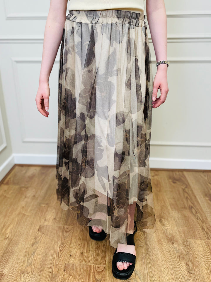 "IZZY" Floral Print Tulle Skirt-Cream & Black