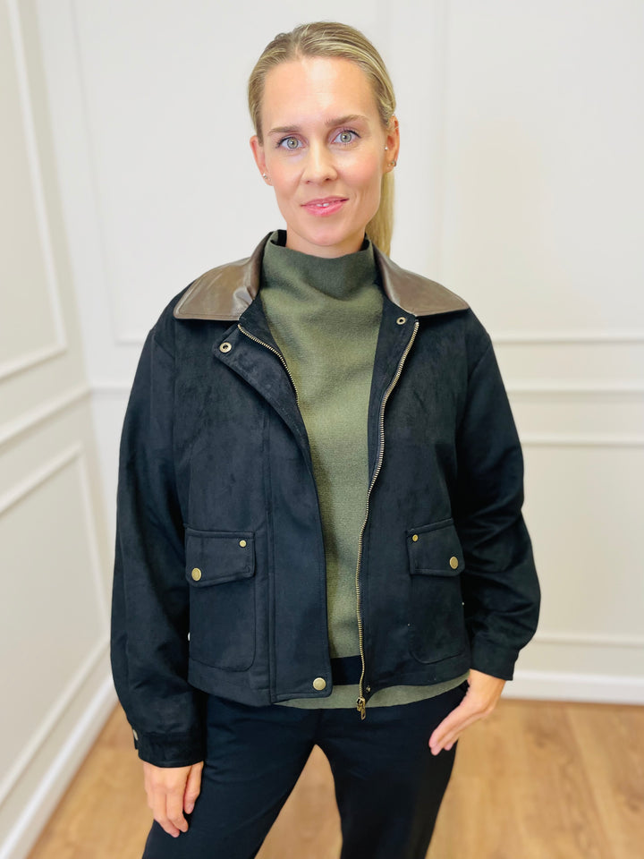 "NINA" Suede Bomber Jacket-Black