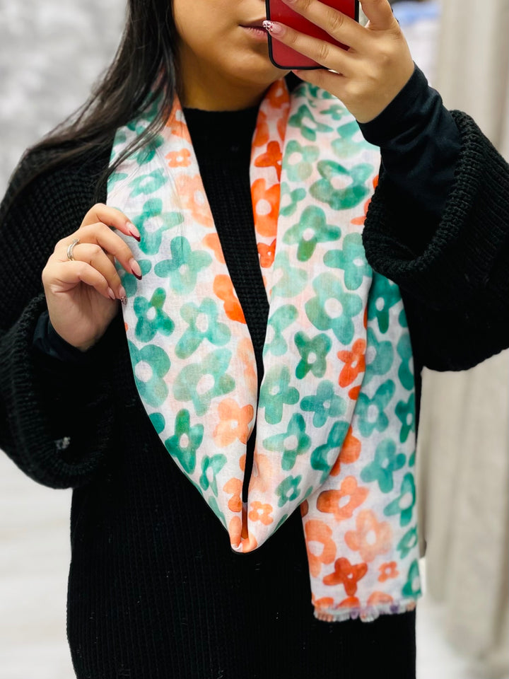 No.77 Floral Print Scarf-Cream/Green & Orange