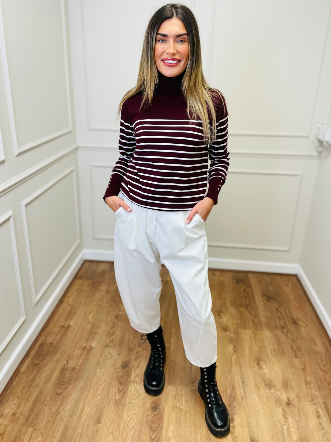 "GRACE" Stripe Print Jumper-Burgundy & White