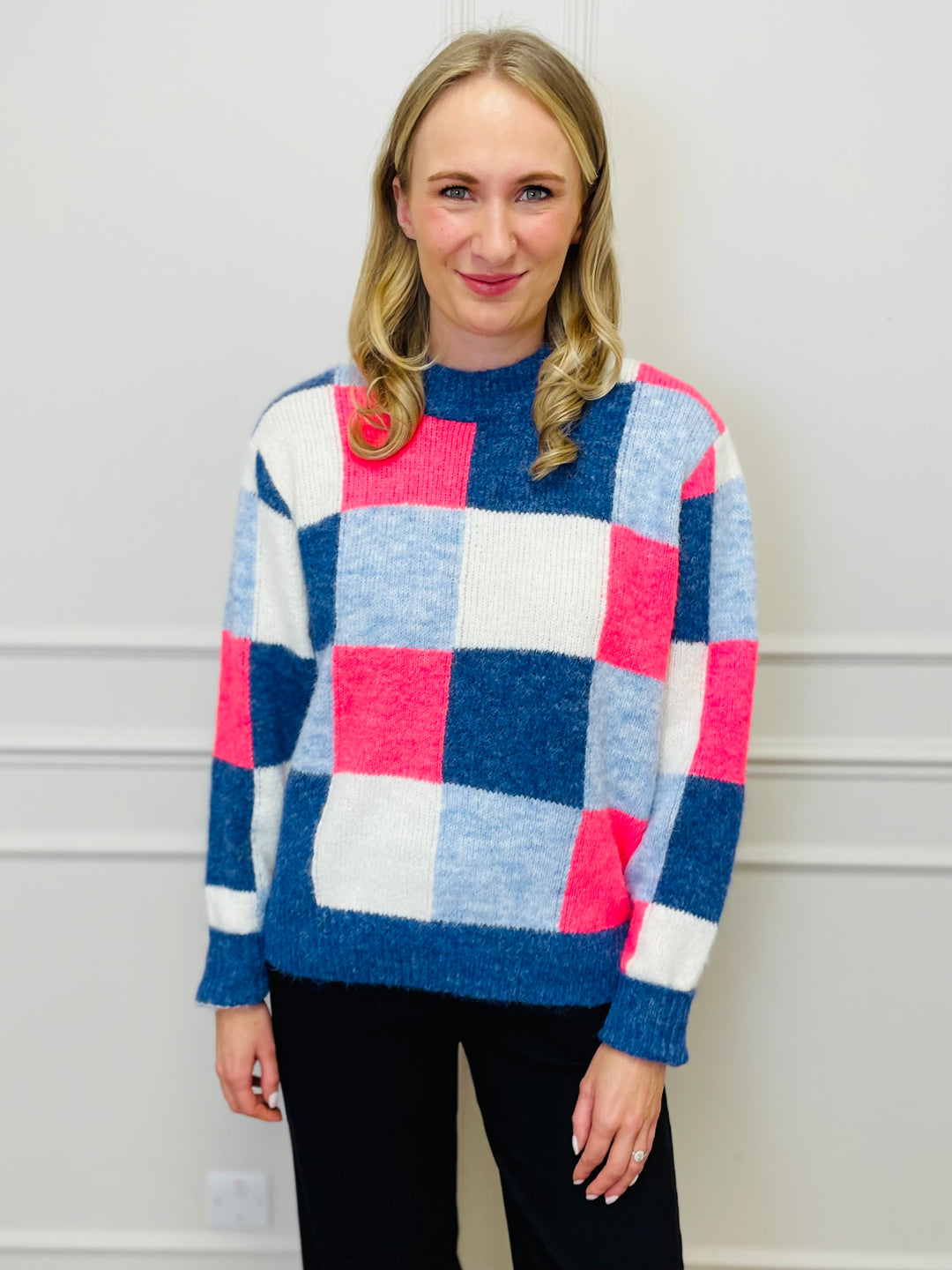 "FRANCESCA" Block Print Jumper-Blue/Pink & White
