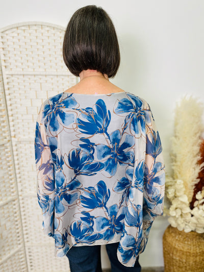 "PIA" Floral Print Blouse-Blue & Cream