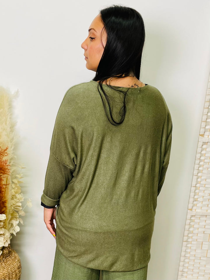 "ALEXA" Fine Knit Top-Khaki Green