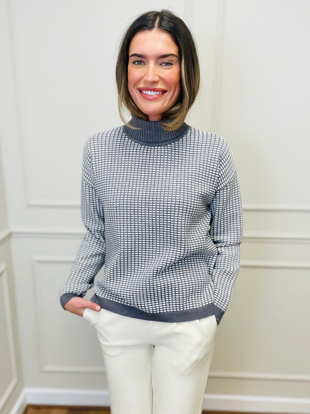 "CELINE" Geometric Print Jumper-Grey & White