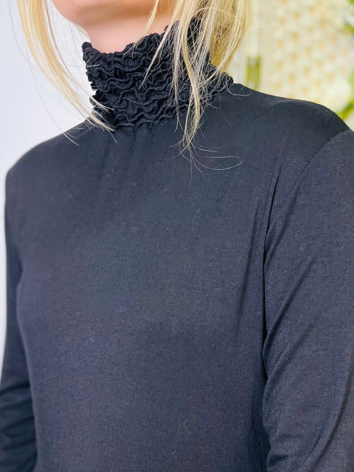 "LIVIA" Ruffle Polo Neck Top-Black