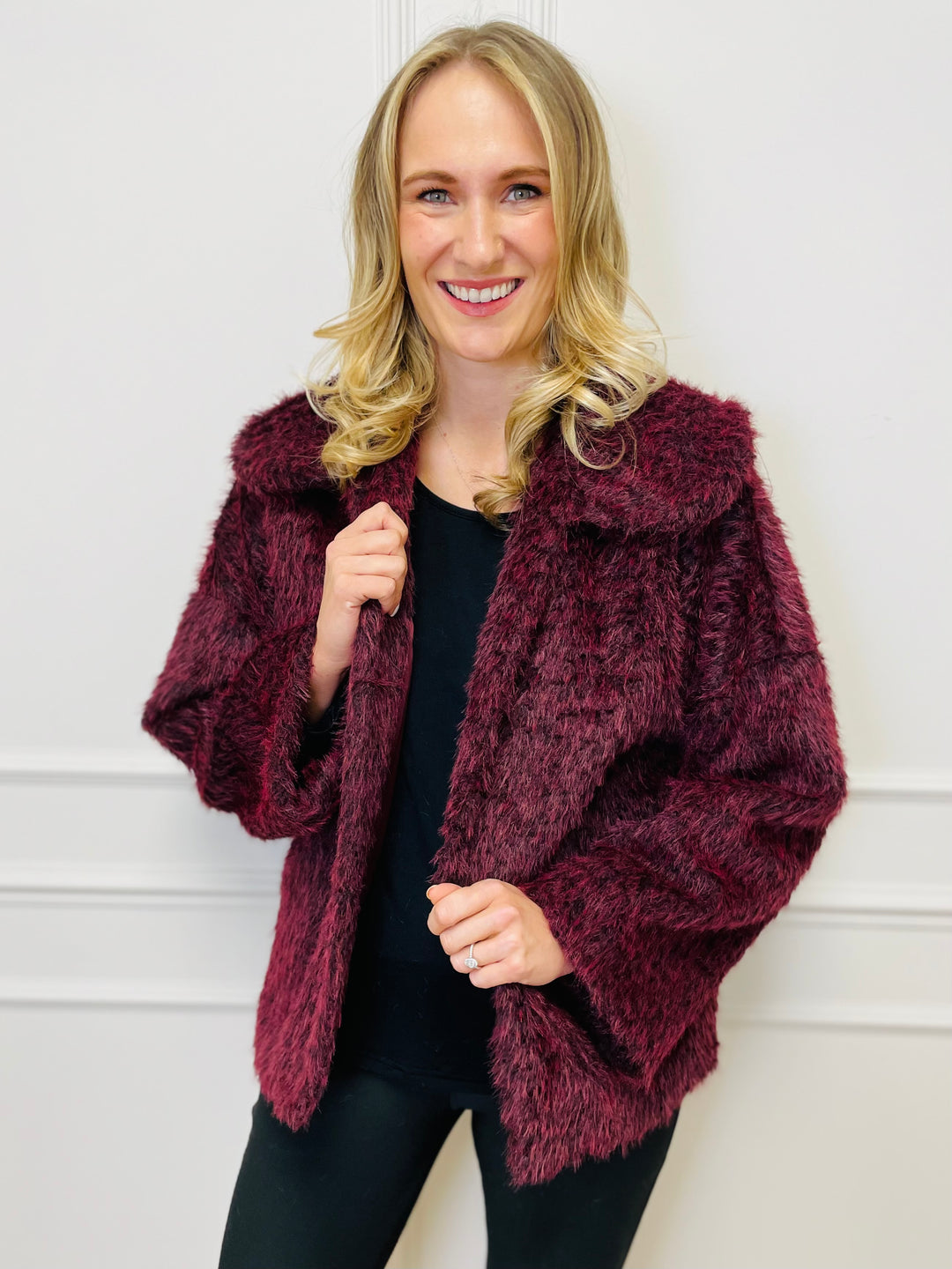 "KATE" Faux Fur Coat-Burgundy