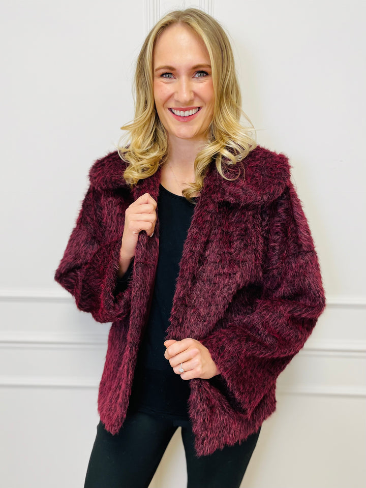 "KATE" Faux Fur Coat-Burgundy