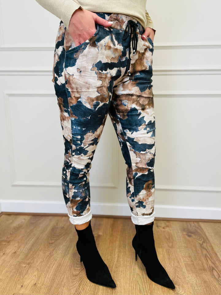 "CARMELA" Artistic Print Trouser-Cream & Navy