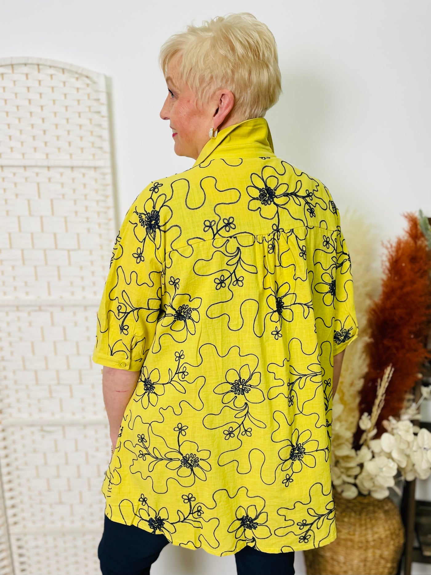 "CARISSA” Floral Print Shirt-Yellow & Navy
