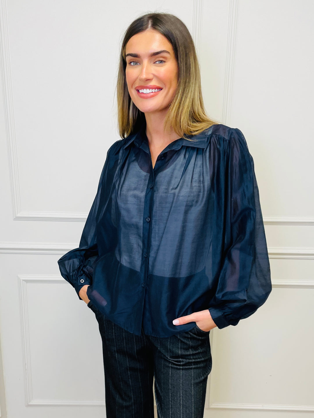 "AMELIA” Sheer Shirt-Navy
