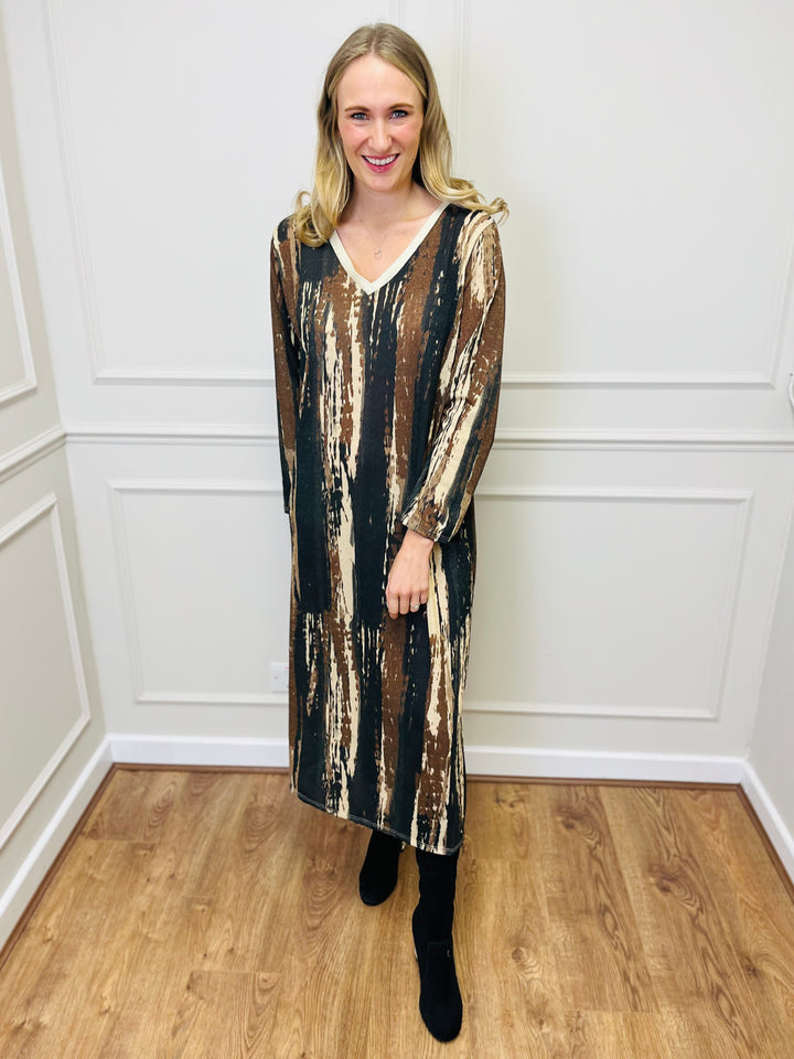 "SANDY" Artistic Print Maxi Dress-Brown