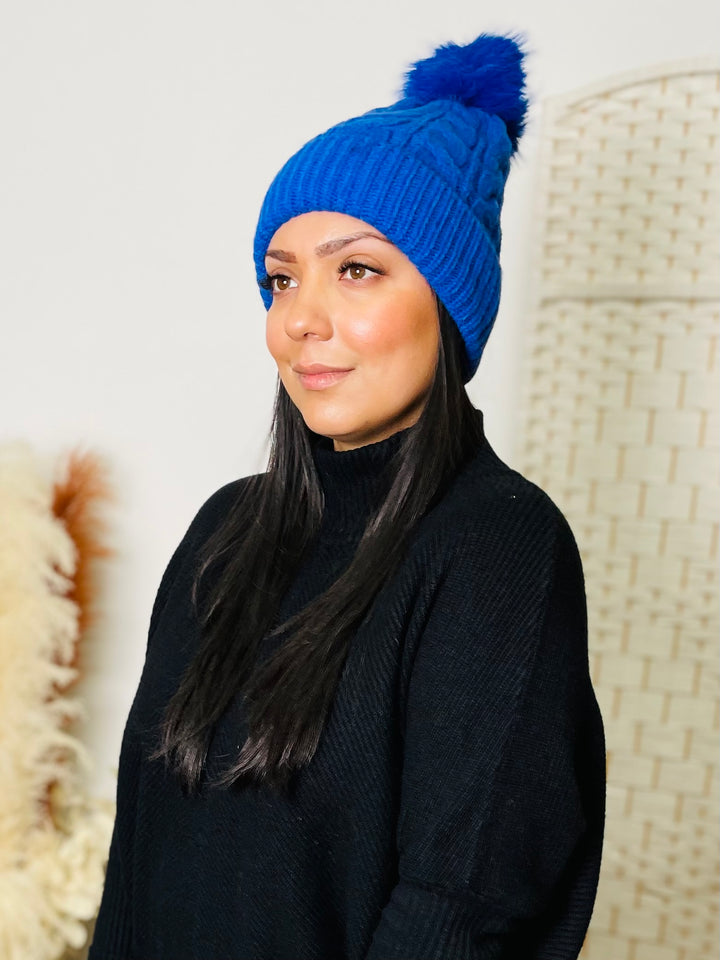 Blue Knit Faux Fur Pom Hat