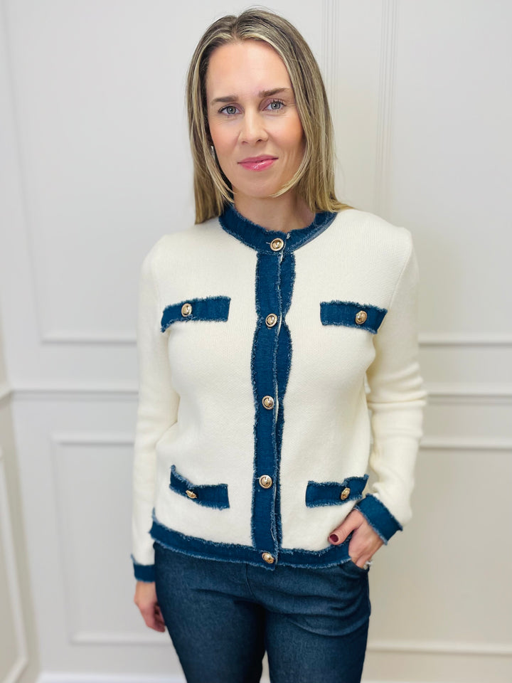 "COCO" Contrast Trim Jacket-Cream & Dark Denim