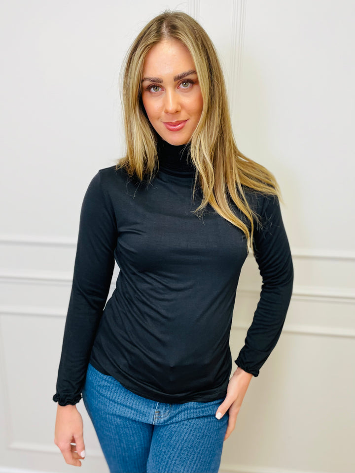 "LIVIA" Ruffle Polo Neck Top-Black