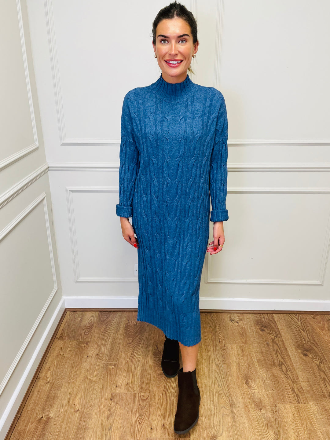 "ELY" Cable Knit Midi Dress-Denim Blue