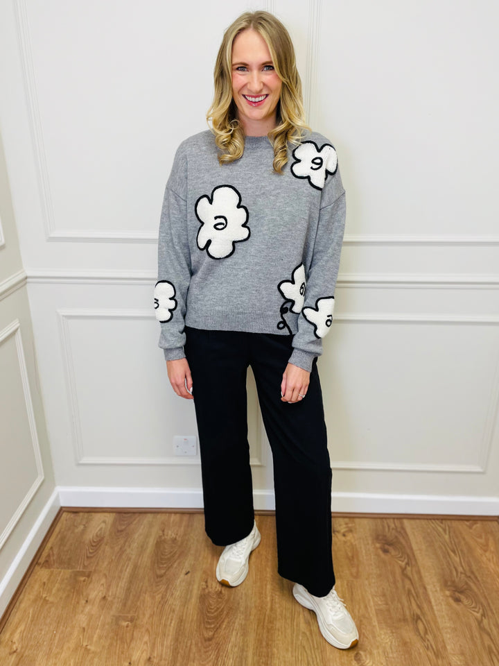 "FLORA" Embroidered Floral Jumper-Grey