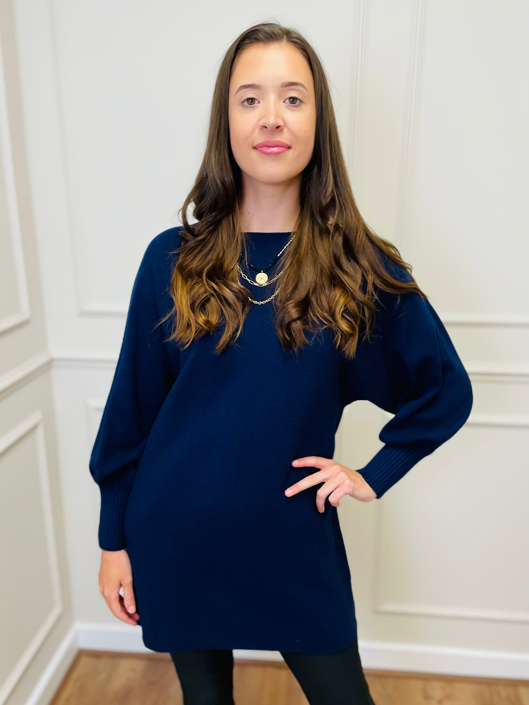 "EVELYN" Button Back Dress-Navy