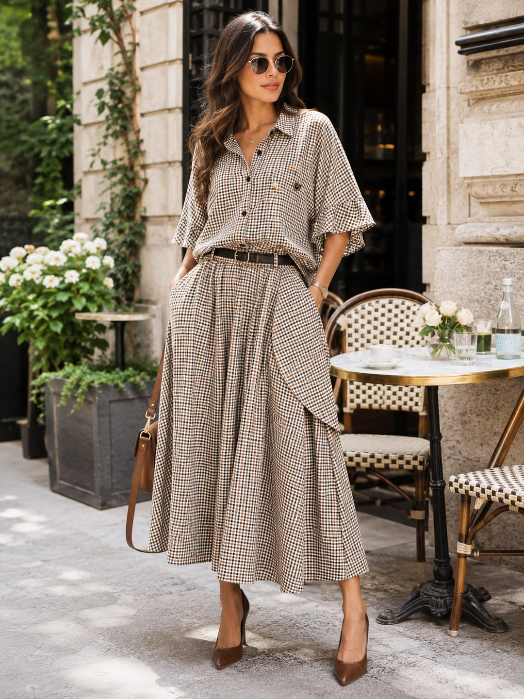 “STELLA Collection” Micro Gingham Midi Skirt taupe