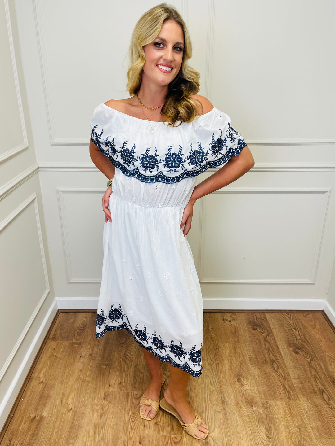 "HOLLY" Embroidered Dress-White & Navy