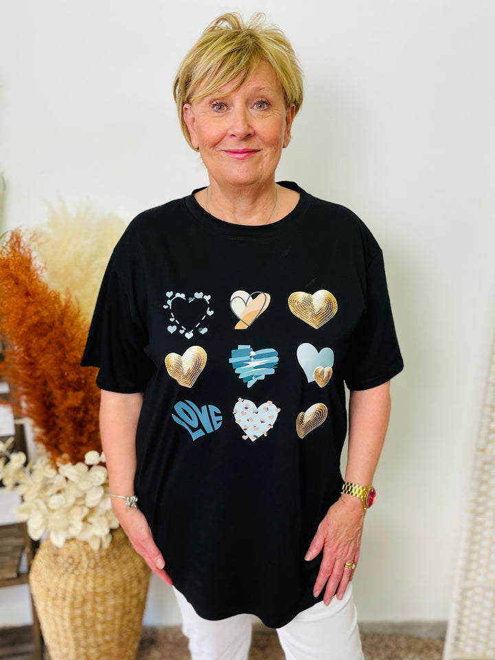 "THEA" Heart Print T-Shirt-Black