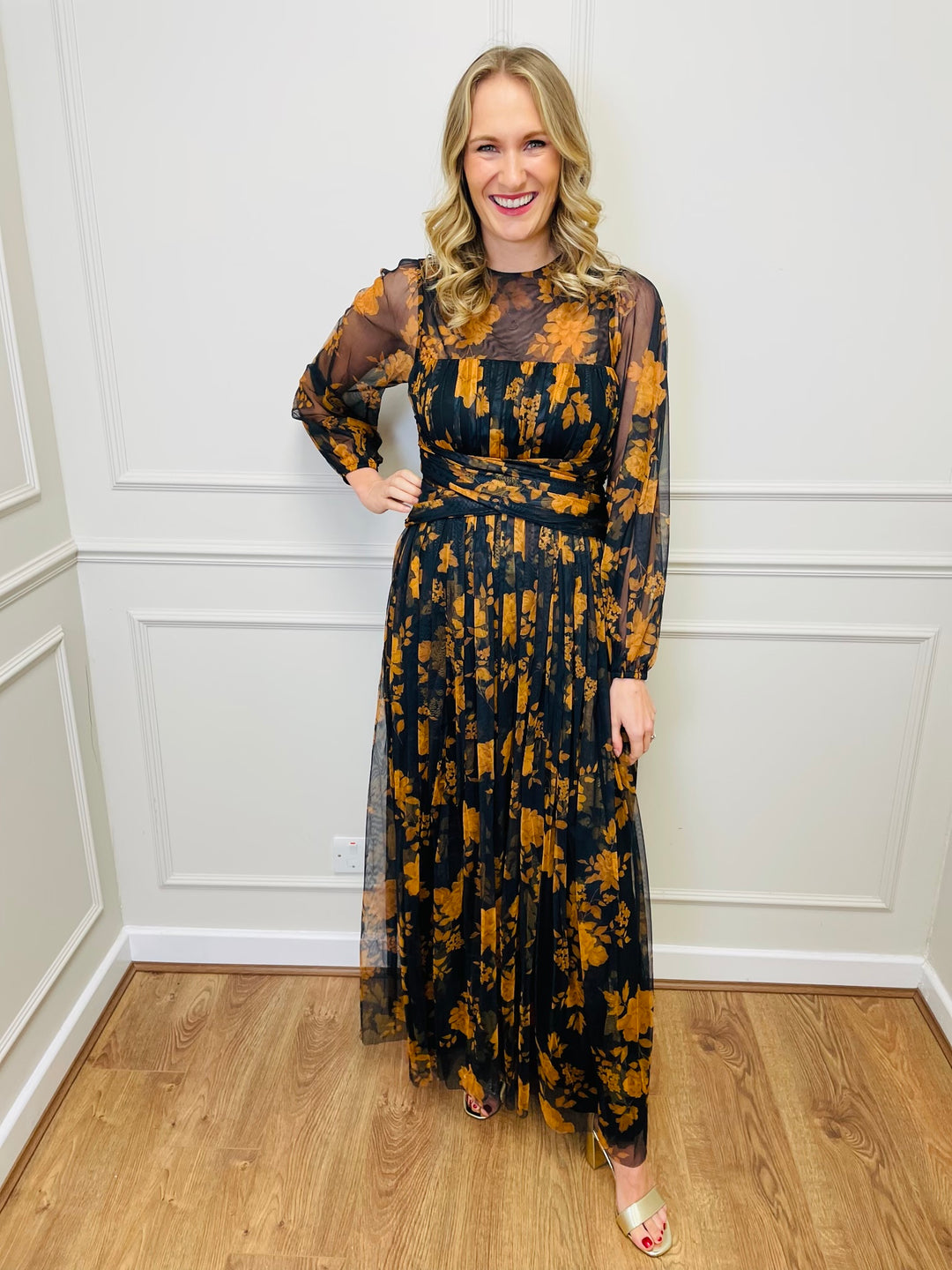 "STACEY" Chiffon Floral Dress-Black & Orange