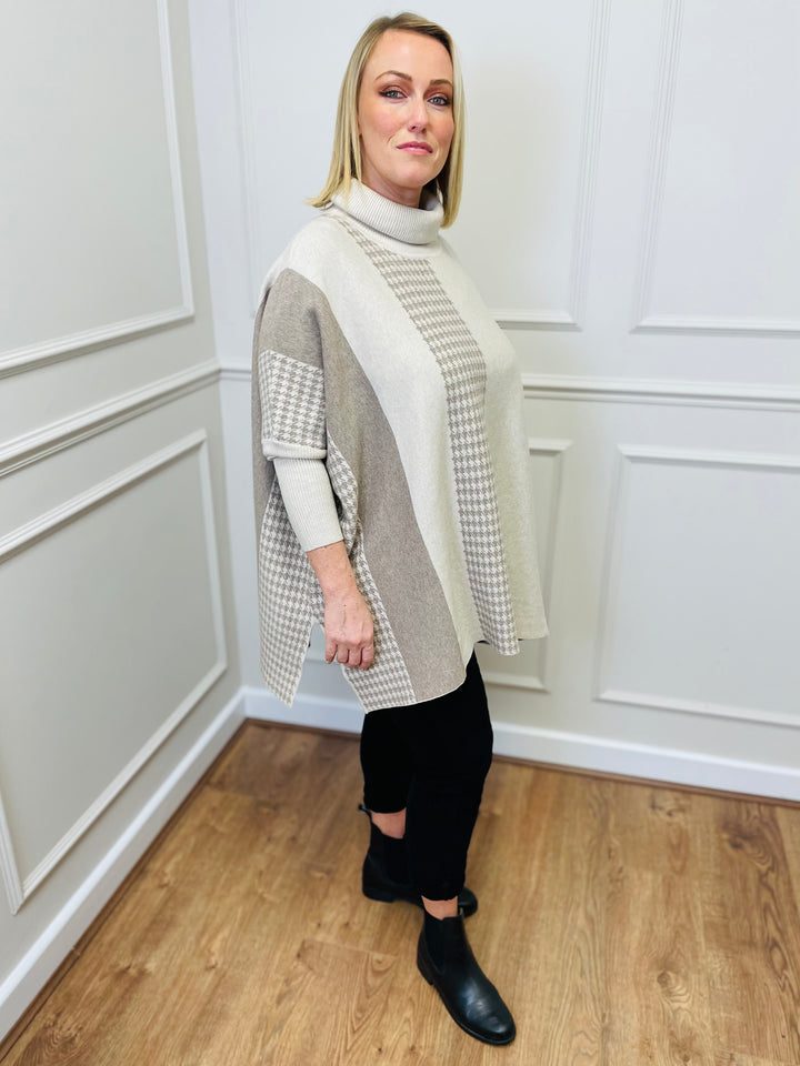 "DANIELA" Houndstooth Print Poncho-Cream & Mocha