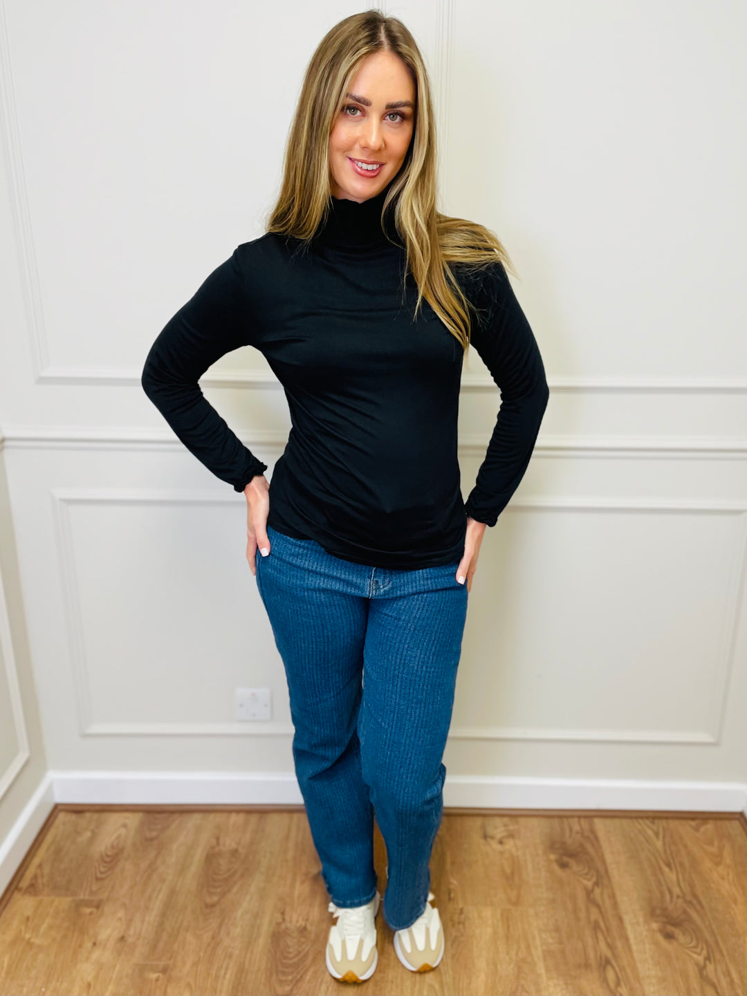 "LIVIA" Ruffle Polo Neck Top-Black