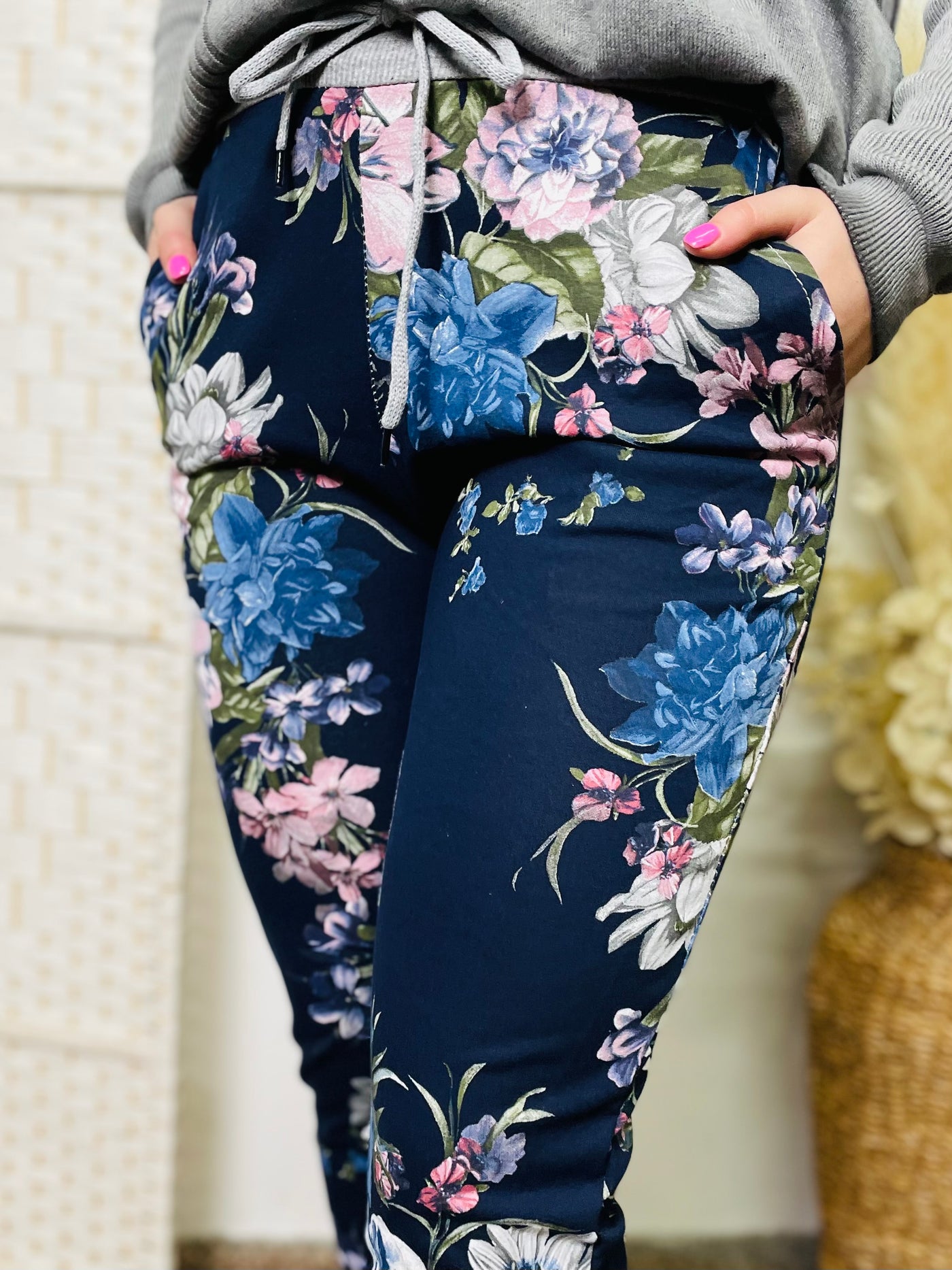 "RIO" Floral Print Magic Trouser-Navy & Multicolour
