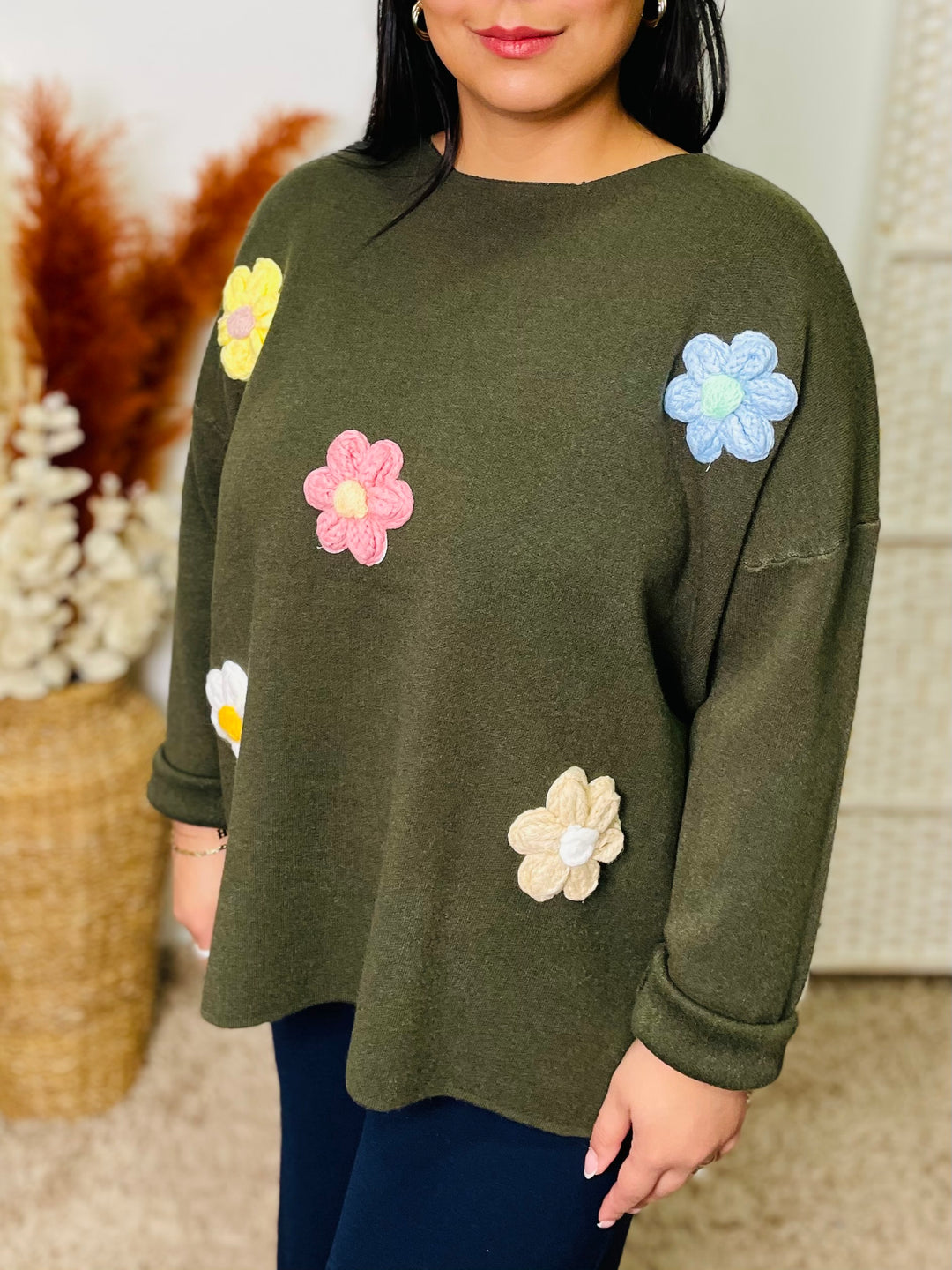 "ROSE" Textured Floral Jumper-Khaki Green