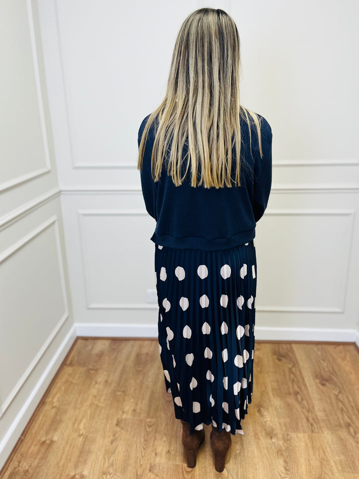 "DOTTY" Polka Dot Pleated Dress-Navy & Cream